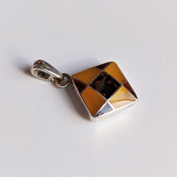 Sterling And Baltic Amber Checkerboard Pendant - Picture 4 of 6
